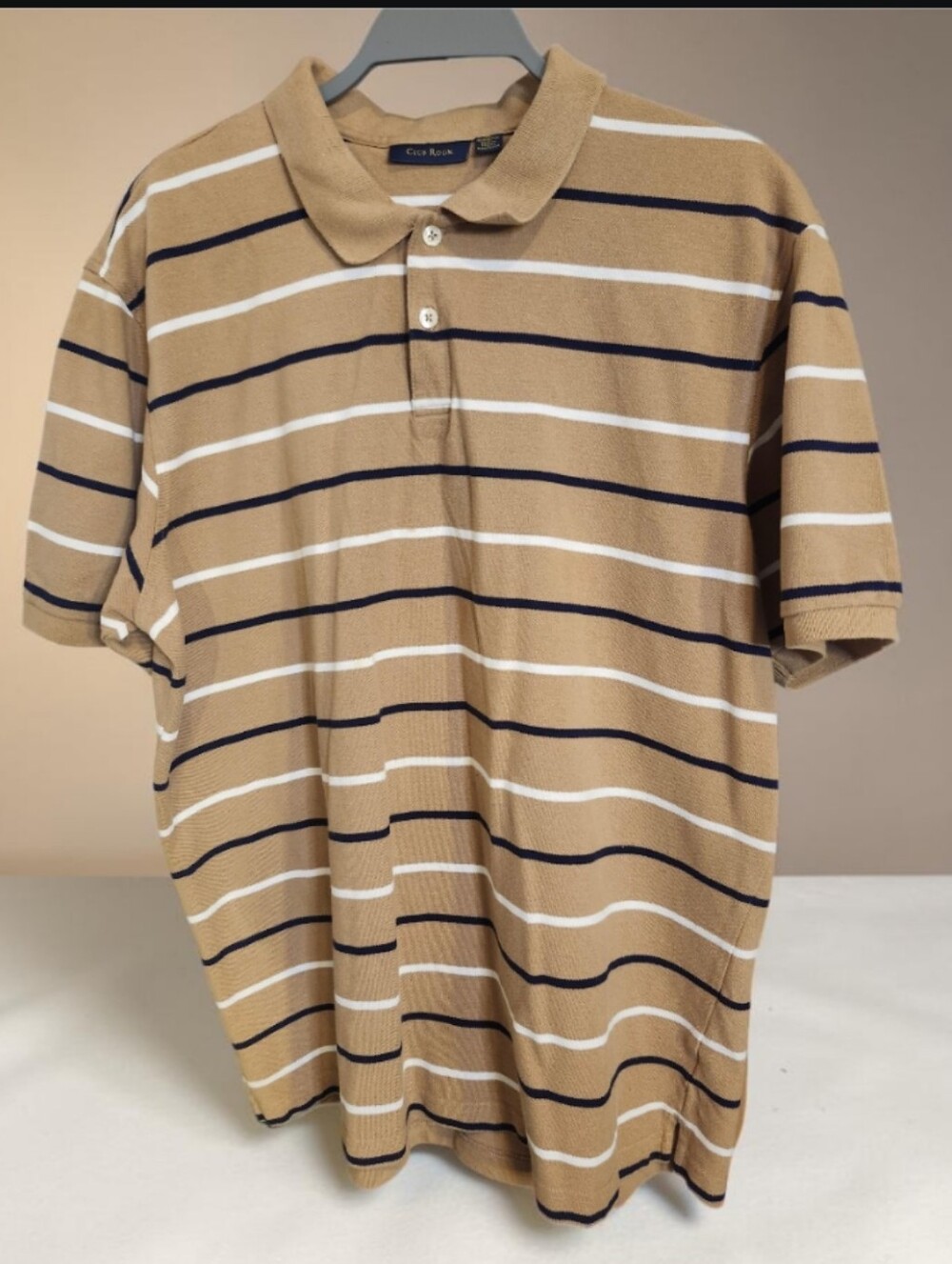 Club Room Tan Polo with Navy & White Stripes